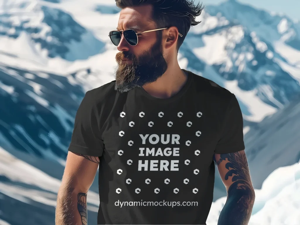 Man Wearing Black T-shirt Mockup Front View Template