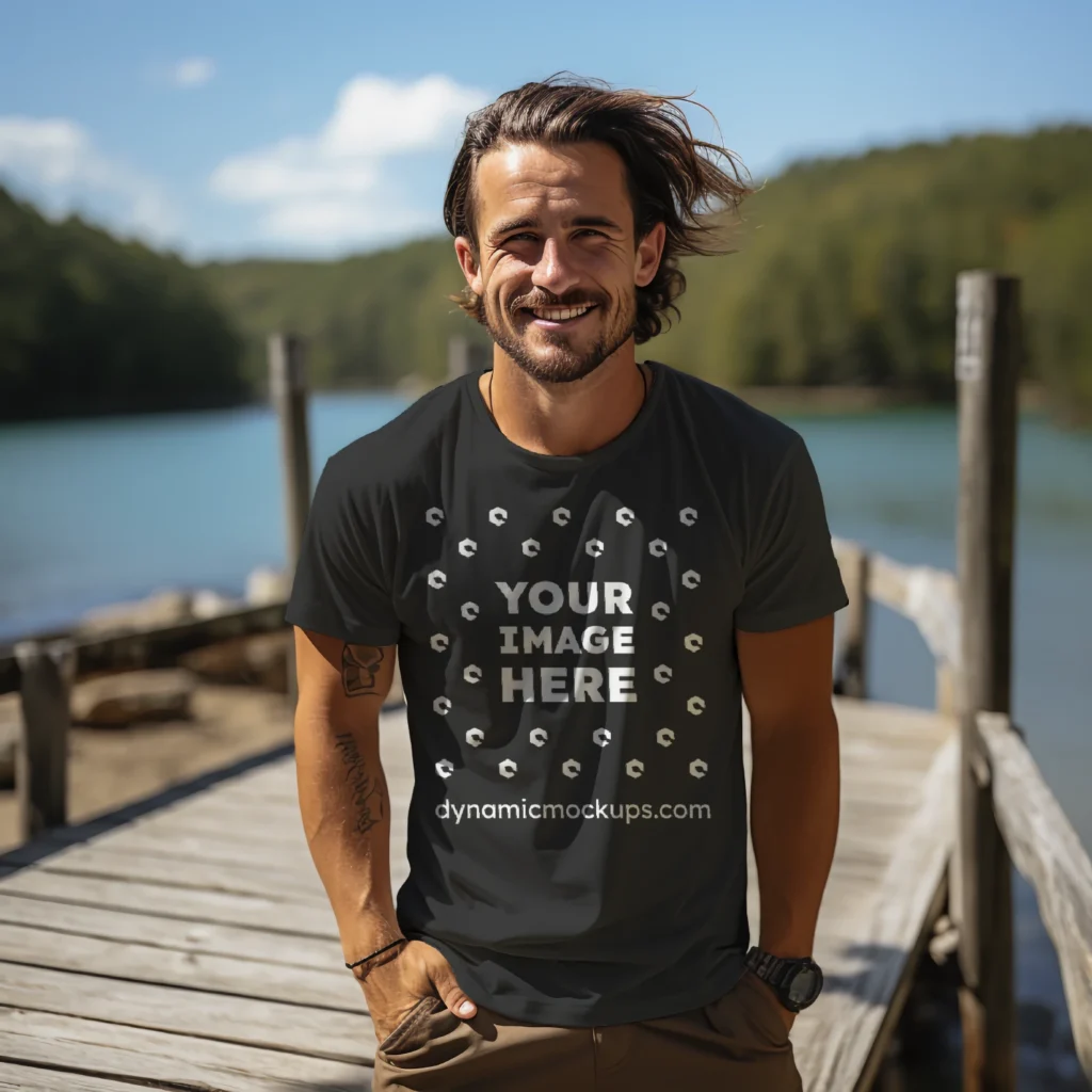 Man Wearing Black T-shirt Mockup Front View Template