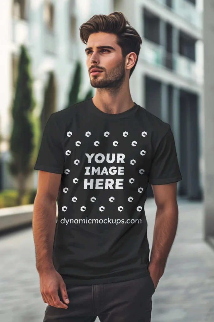 Man Wearing Black T-shirt Mockup Front View Template