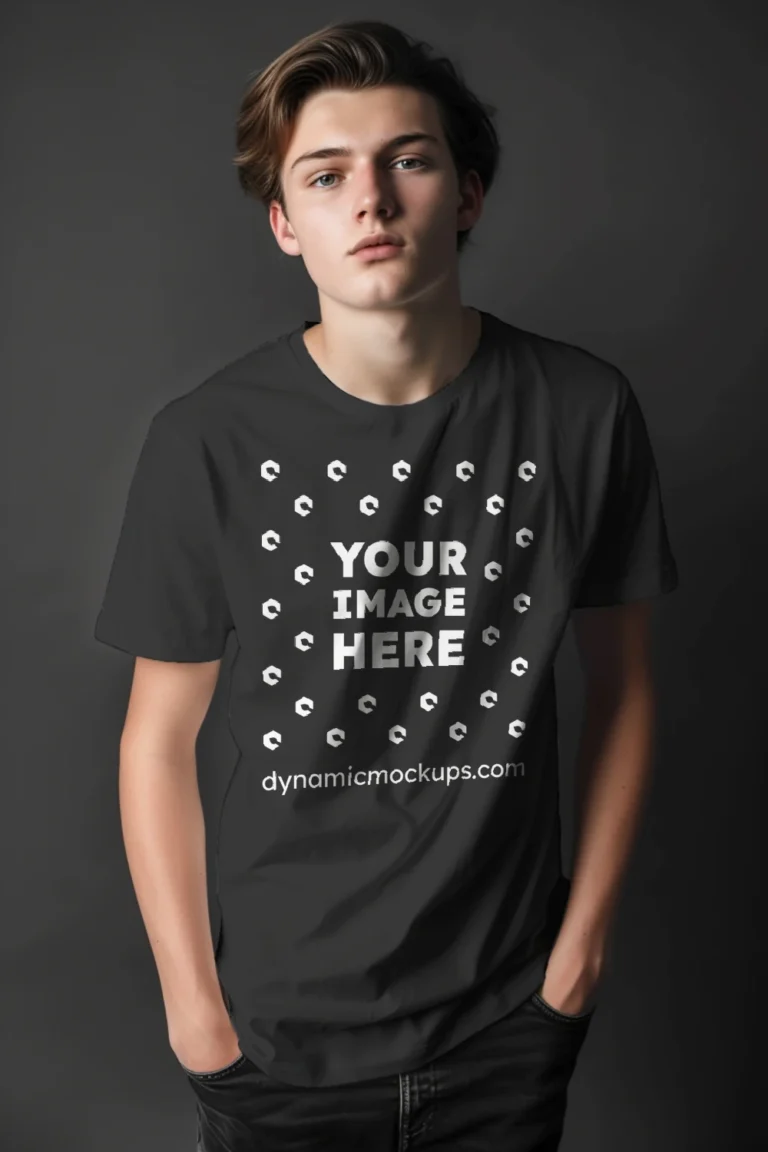 Man Wearing Black T-shirt Mockup Front View Template