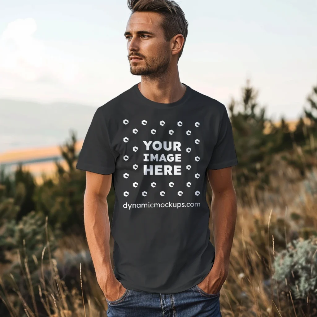 Man Wearing Black T-shirt Mockup Front View Template