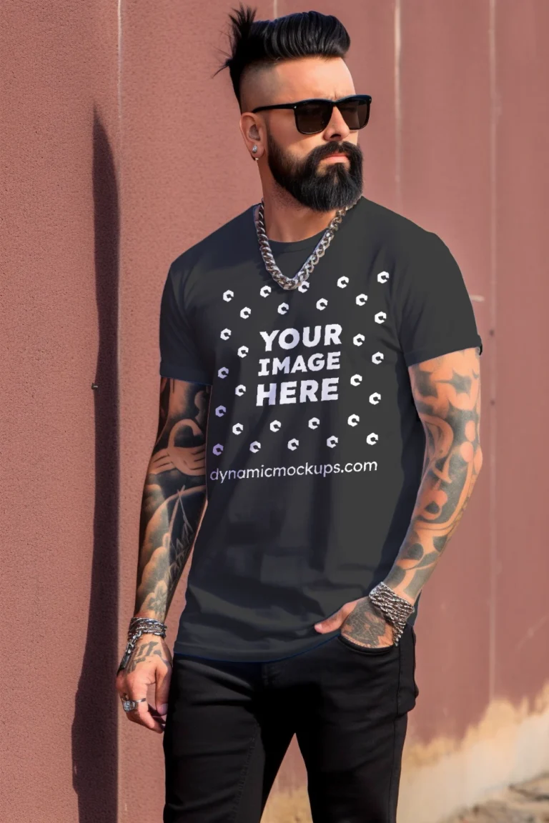 Man Wearing Black T-shirt Mockup Front View Template