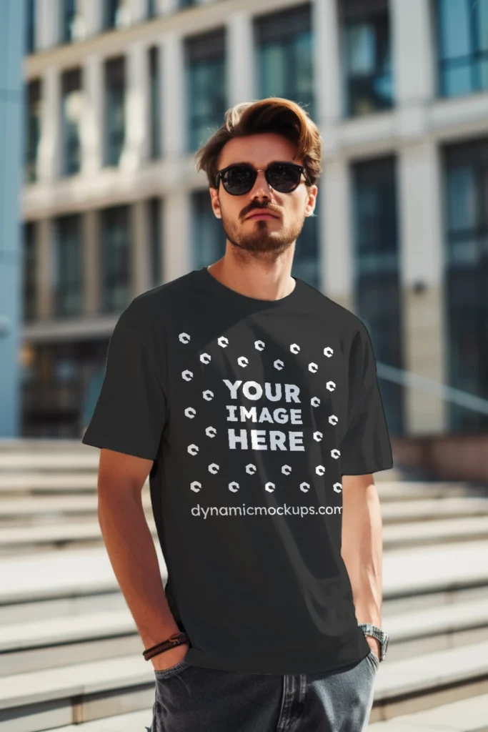 Man Wearing Black T-shirt Mockup Front View Template