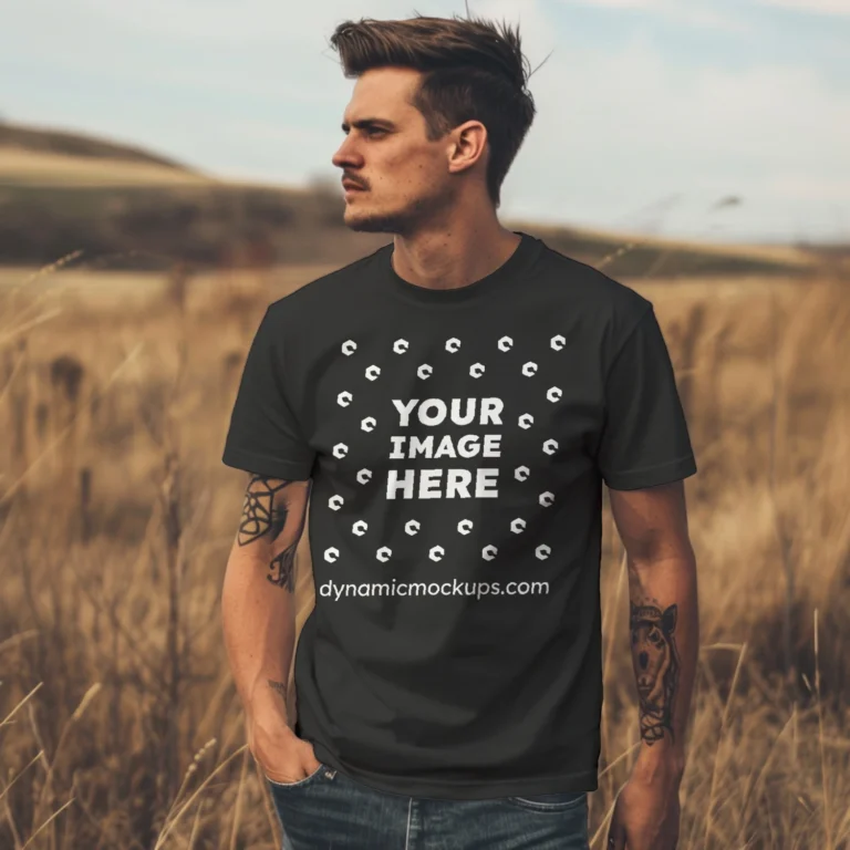 Man Wearing Black T-shirt Mockup Front View Template