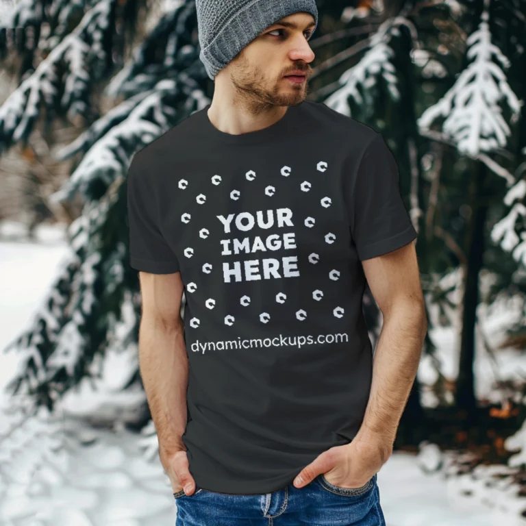 Man Wearing Black T-shirt Mockup Front View Template