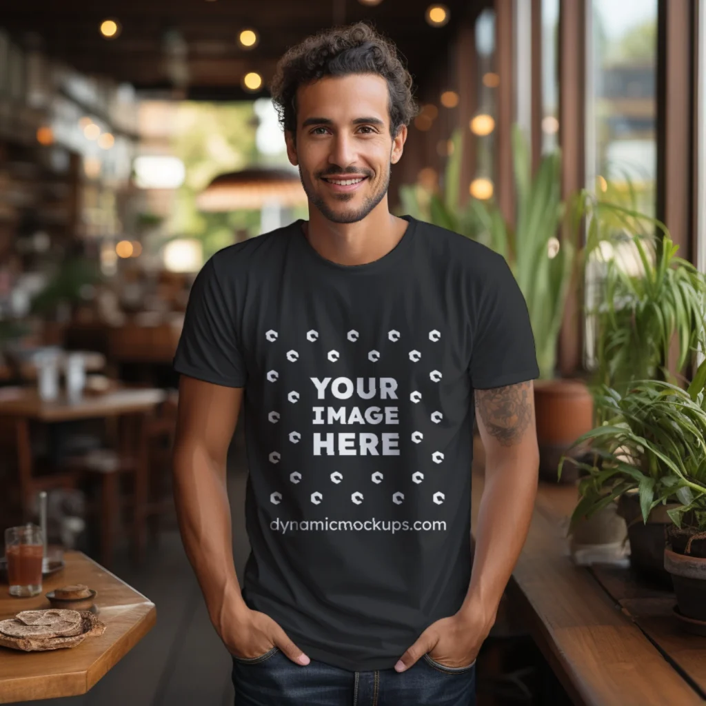 Man Wearing Black T-shirt Mockup Front View Template