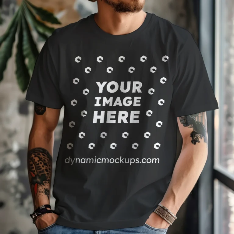 Man Wearing Black T-shirt Mockup Front View Template