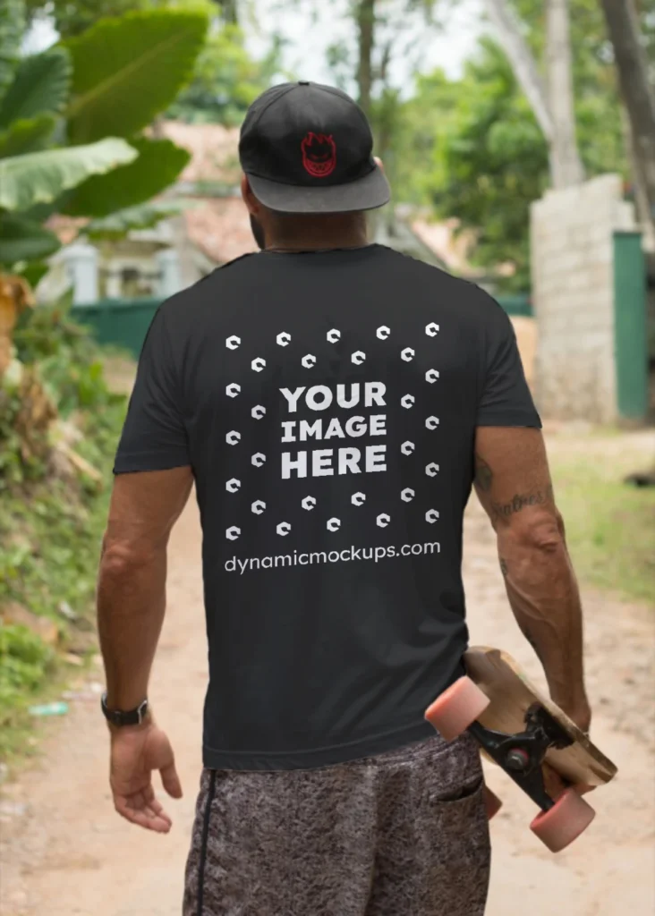 Man Wearing Black T-shirt Mockup Back View Template