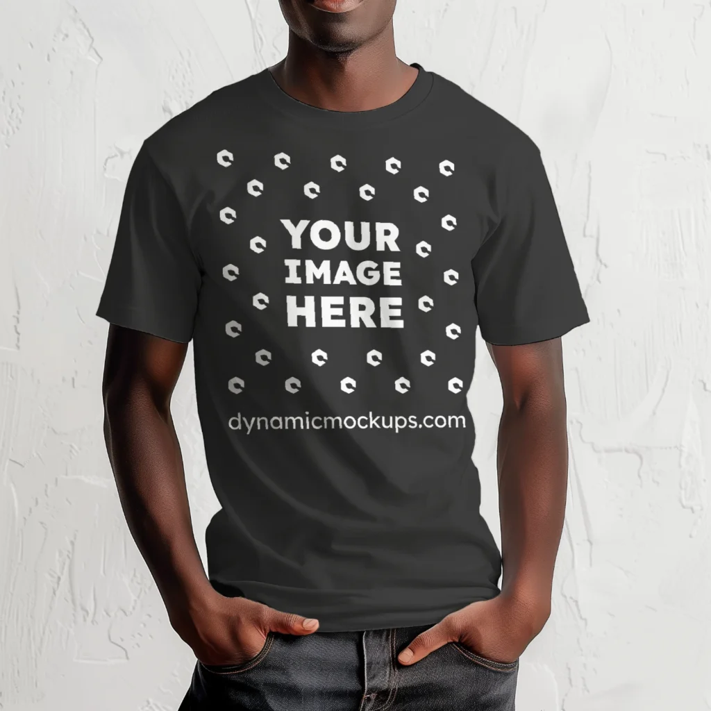 Man Wearing Black T-shirt Mockup Front View Template