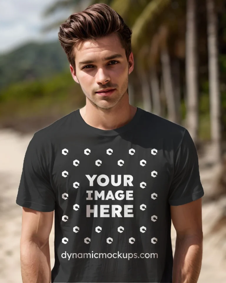 Man Wearing Black T-shirt Mockup Front View Template