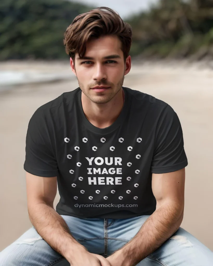 Man Wearing Black T-shirt Mockup Front View Template