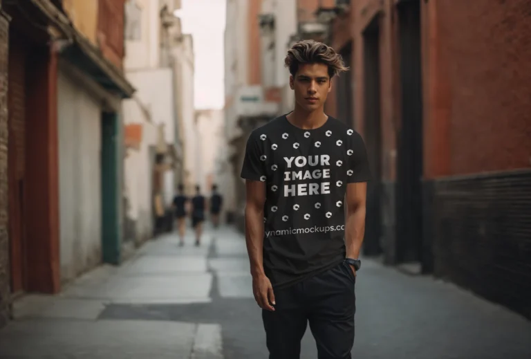 Man Wearing Black T-shirt Mockup Front View Template