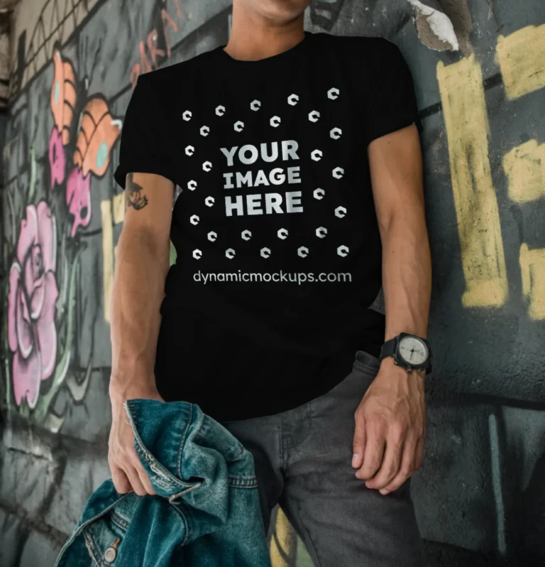 Man Wearing Black T-shirt Mockup Front View Template