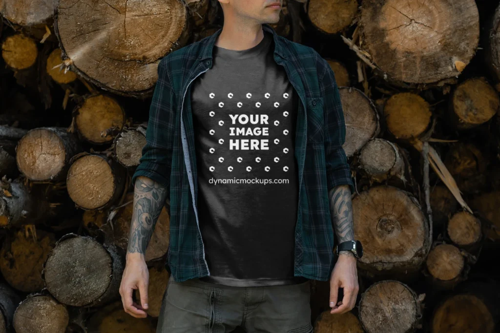 Man Wearing Black T-shirt Mockup Front View Template