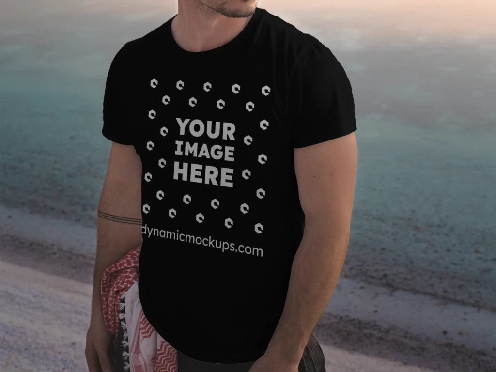 Man Wearing Black T-shirt Mockup Front View Template