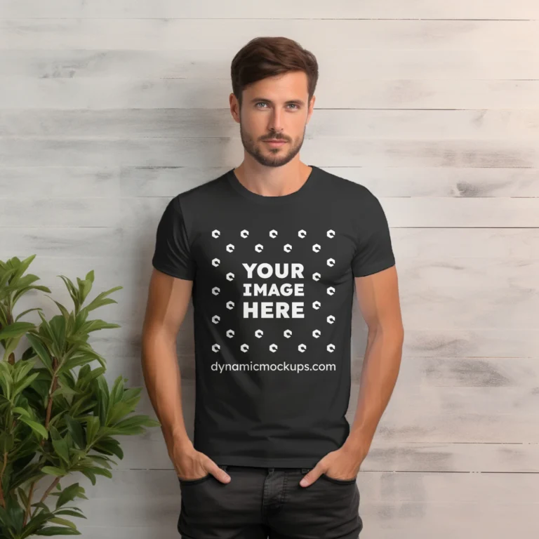 Man Wearing Black T-shirt Mockup Front View Template