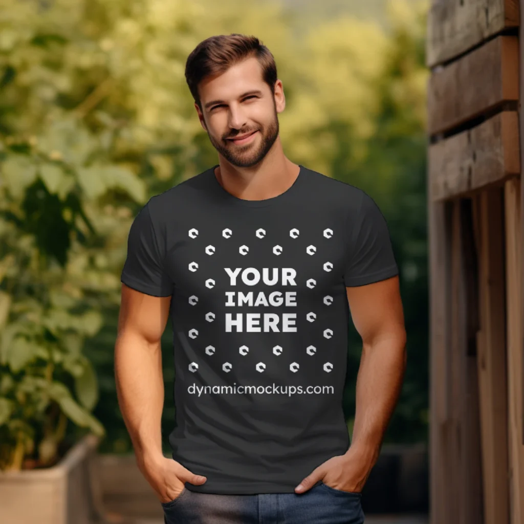 Man Wearing Black T-shirt Mockup Front View Template