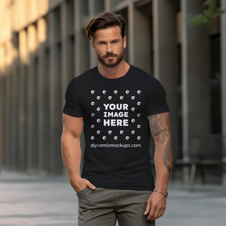 Man Wearing Black T-shirt Mockup Front View Template