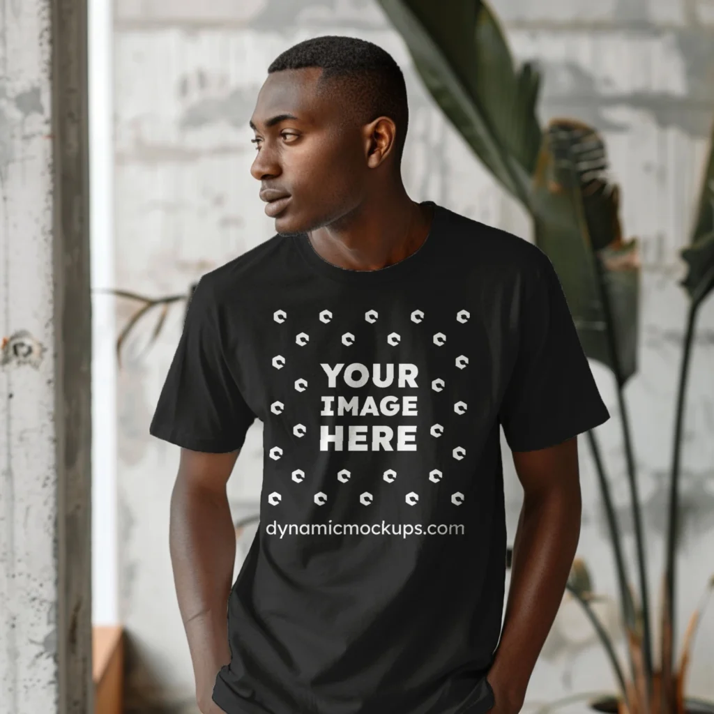 Man Wearing Black T-shirt Mockup Front View Template