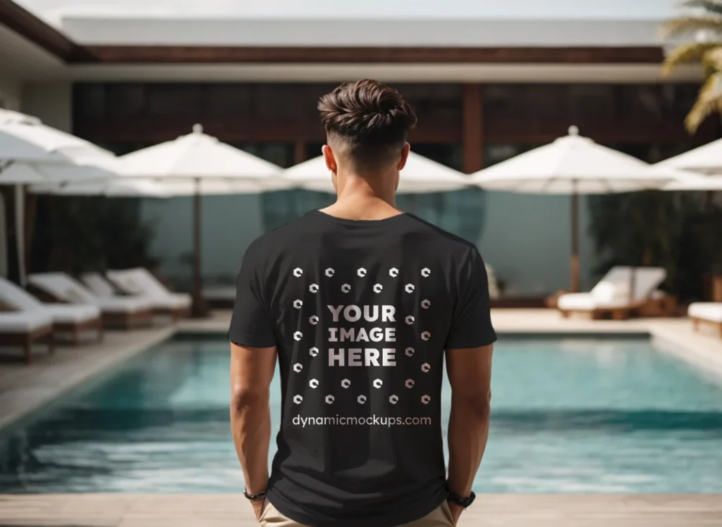 Man Wearing Black T-shirt Mockup Back View Template