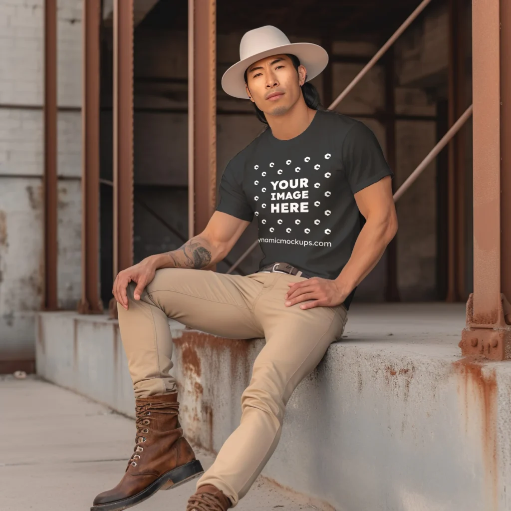 Man Wearing Black T-shirt Mockup Front View Template