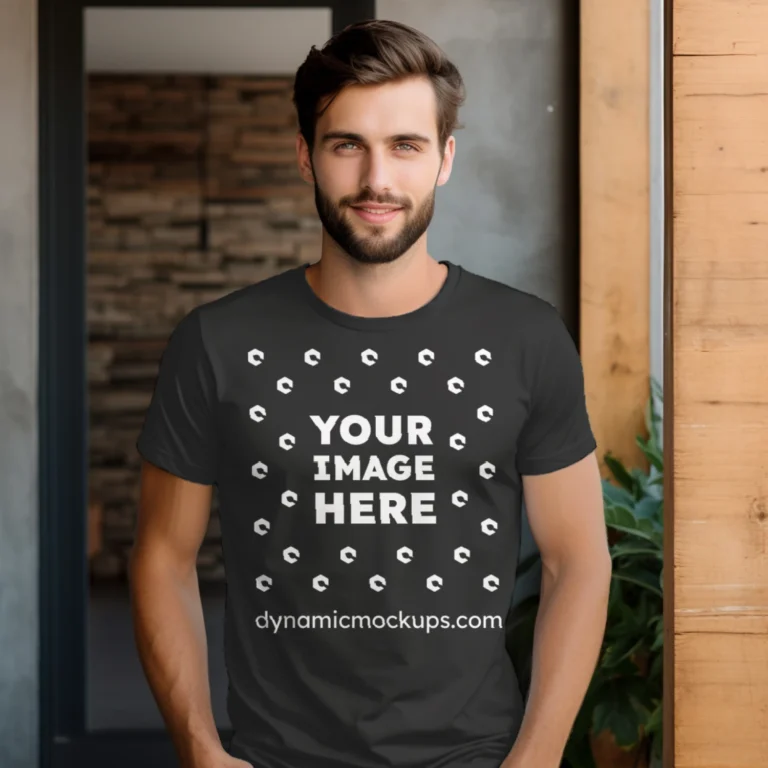 Man Wearing Black T-shirt Mockup Front View Template