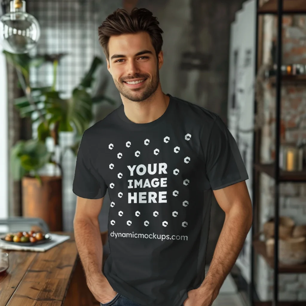 Man Wearing Black T-shirt Mockup Front View Template