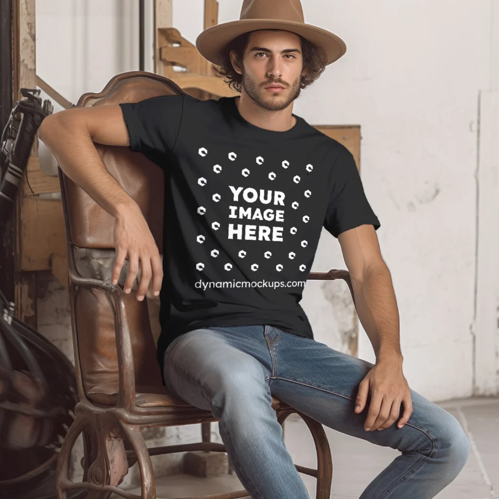 Man Wearing Black T-shirt Mockup Front View Template