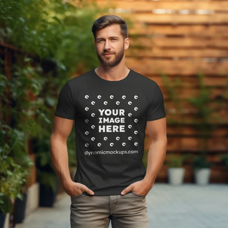 Man Wearing Black T-shirt Mockup Front View Template