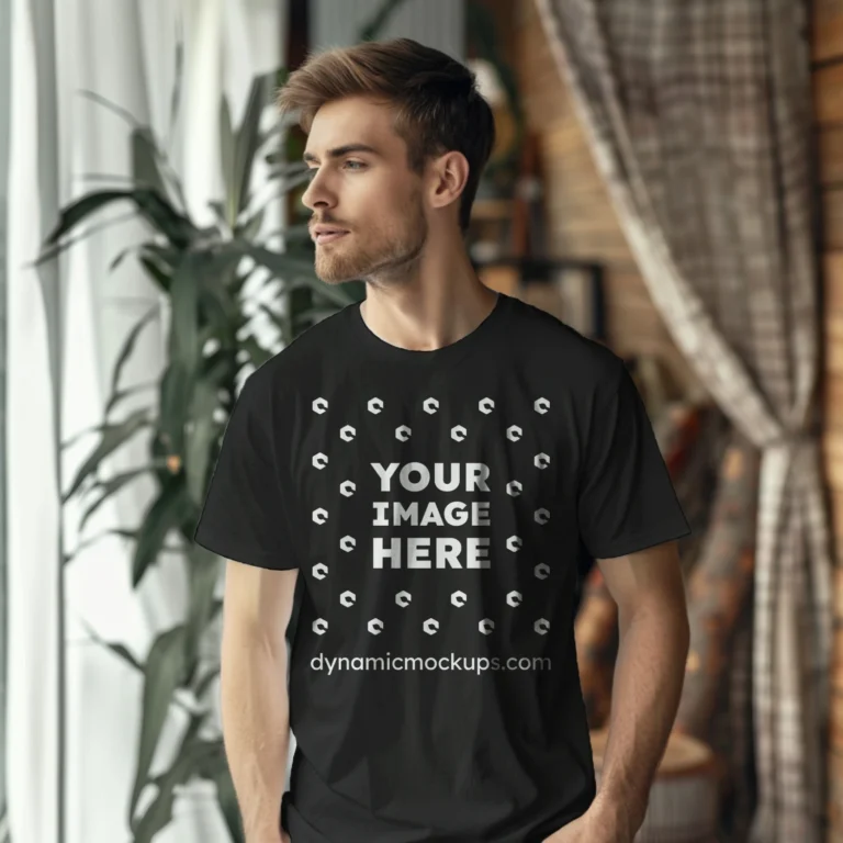 Man Wearing Black T-shirt Mockup Front View Template