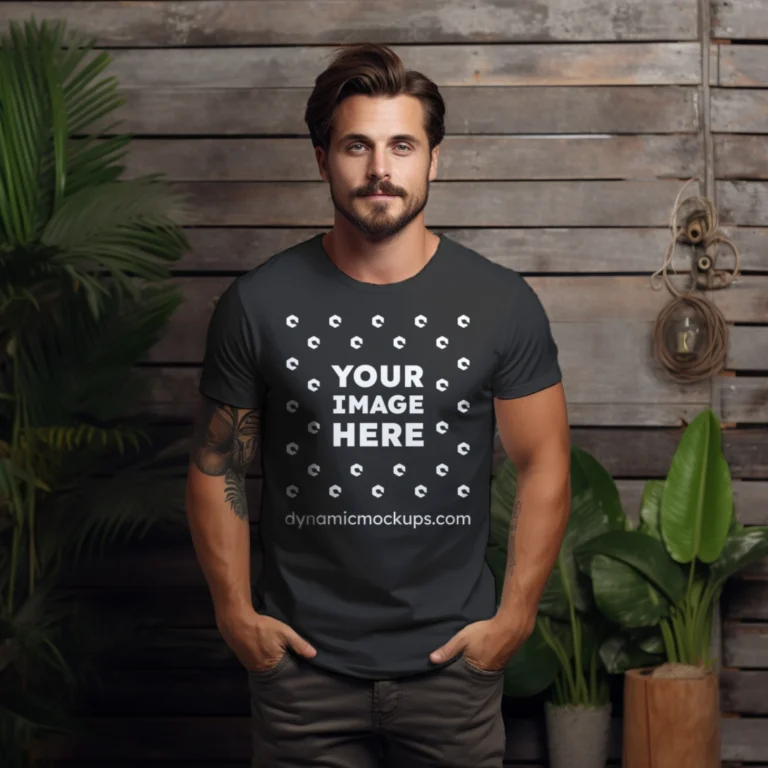 Man Wearing Black T-shirt Mockup Front View Template