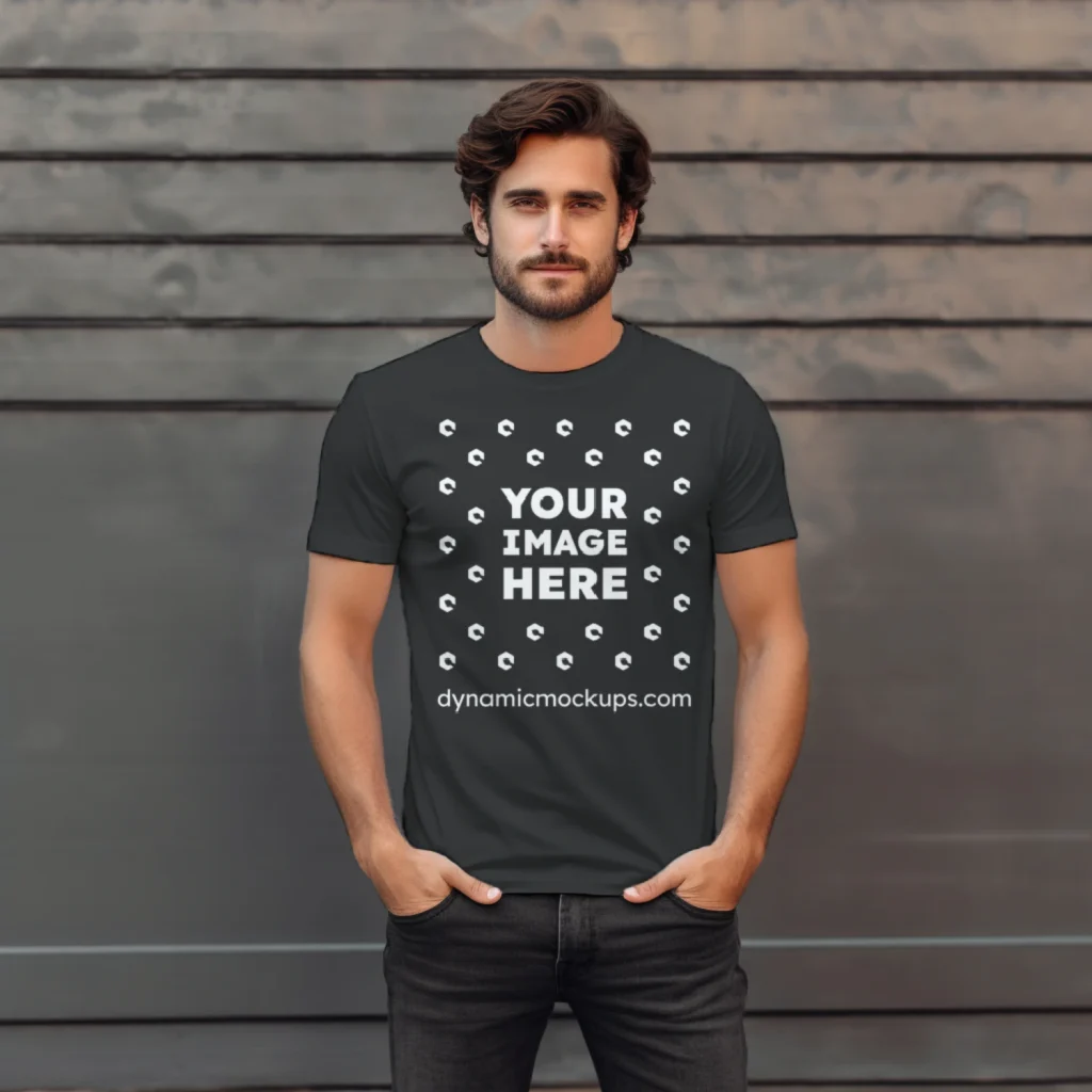 Man Wearing Black T-shirt Mockup Front View Template