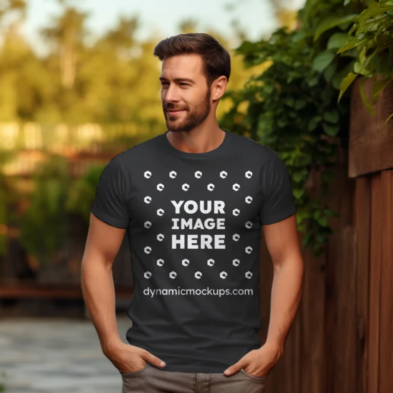 Man Wearing Black T-shirt Mockup Front View Template