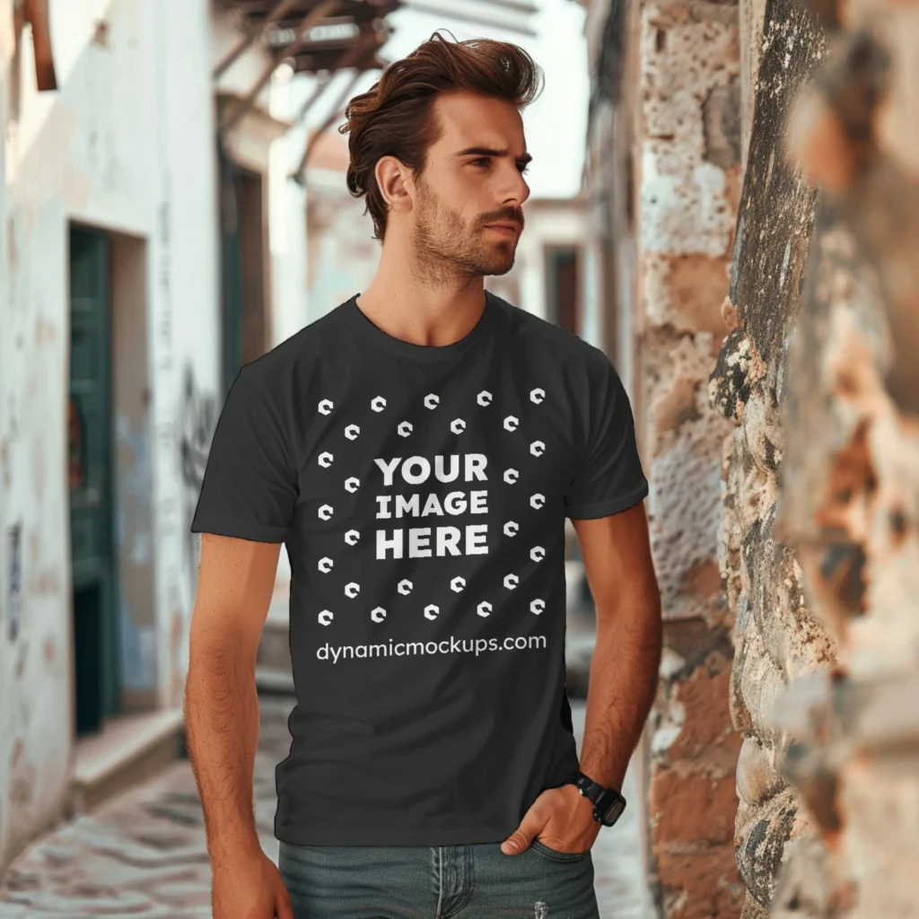 Man Wearing Black T-shirt Mockup Front View Template