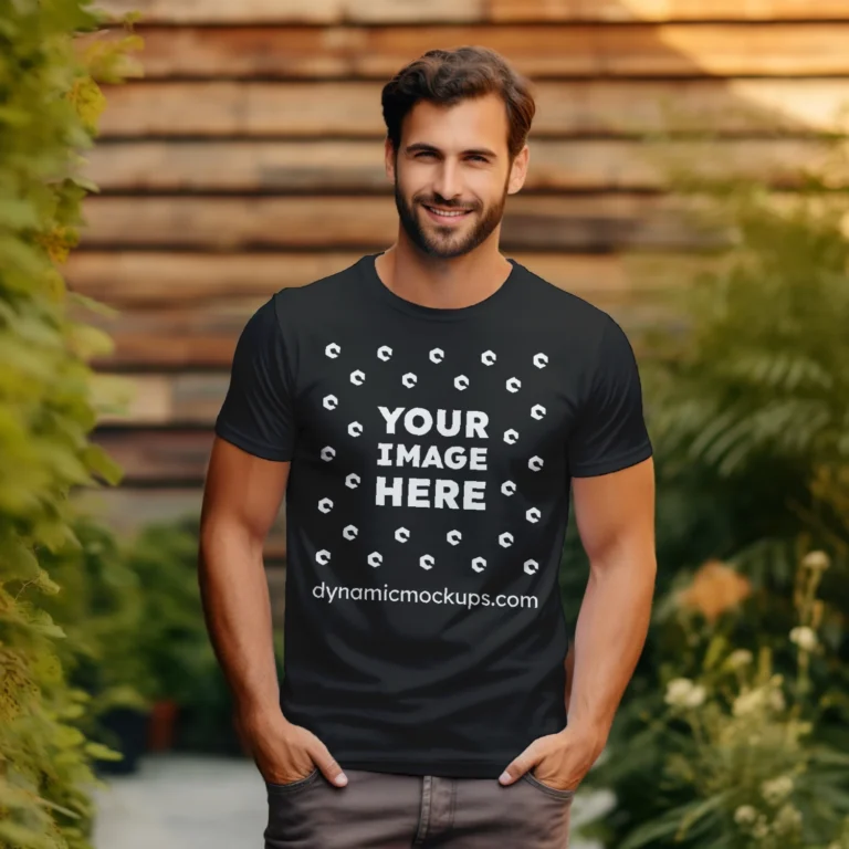 Man Wearing Black T-shirt Mockup Front View Template