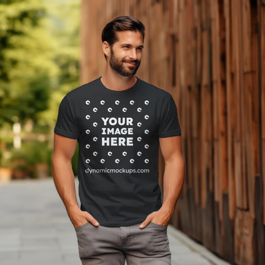 Man Wearing Black T-shirt Mockup Front View Template