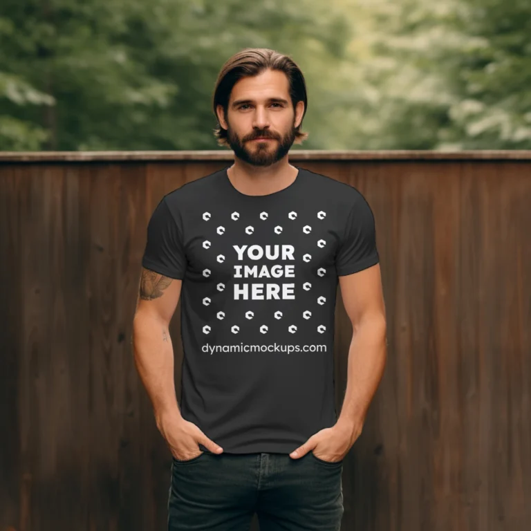 Man Wearing Black T-shirt Mockup Front View Template