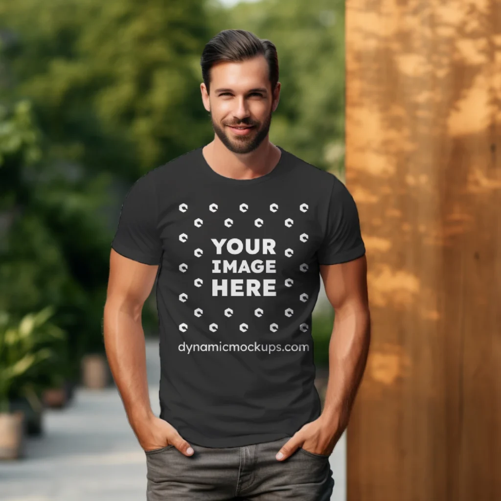 Man Wearing Black T-shirt Mockup Front View Template