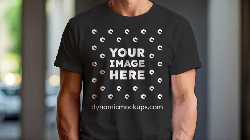 Man Wearing Black T-shirt Mockup Front View Template