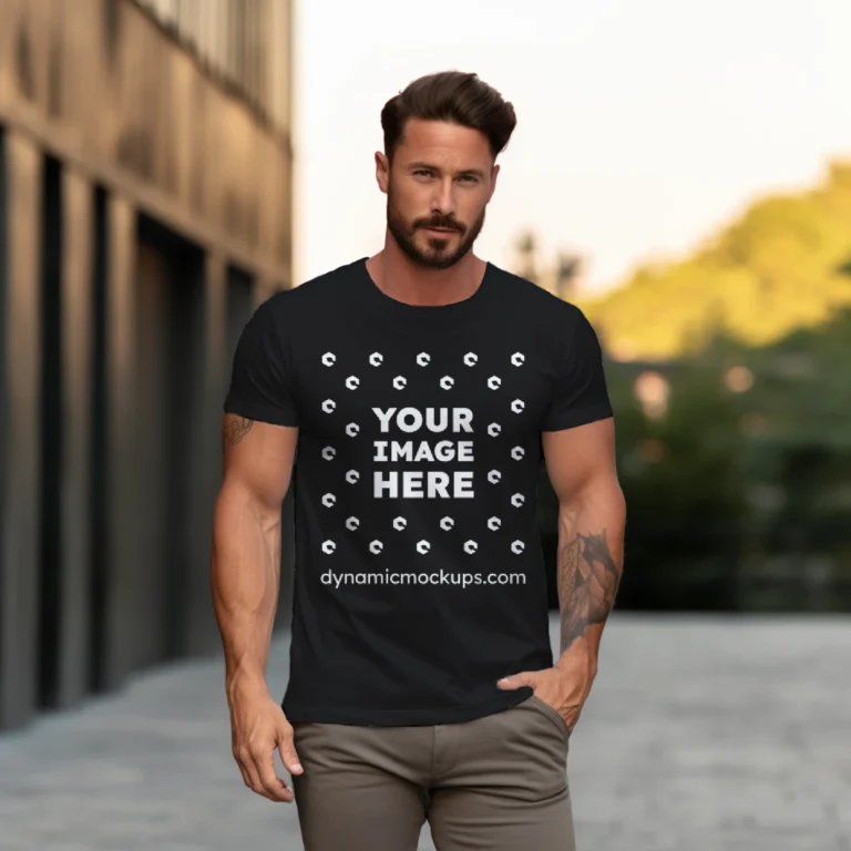 Man Wearing Black T-shirt Mockup Front View Template