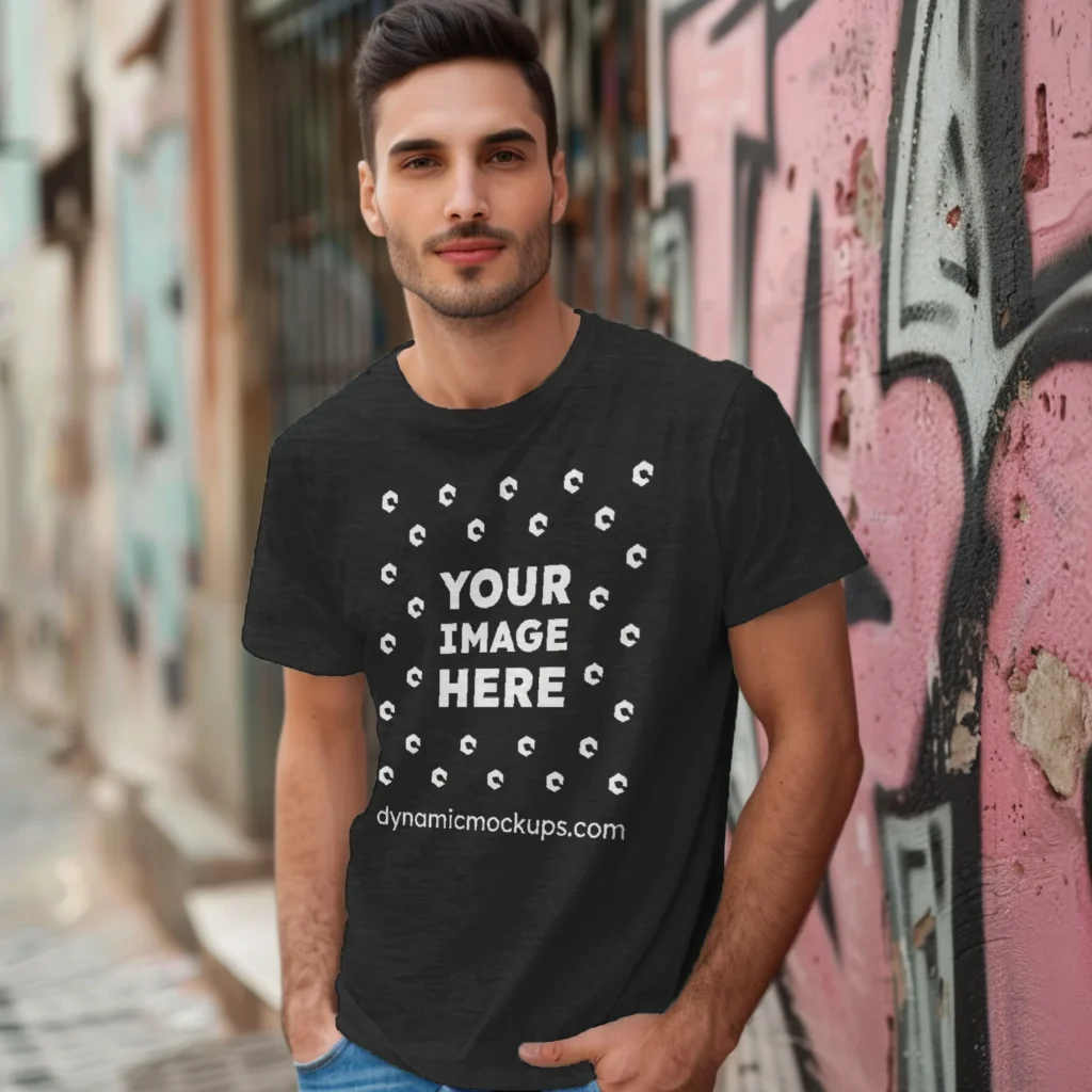 Man Wearing Black T-shirt Mockup Front View Template