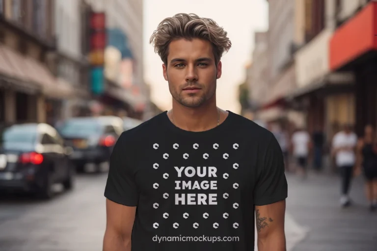 Man Wearing Black T-shirt Mockup Front View Template