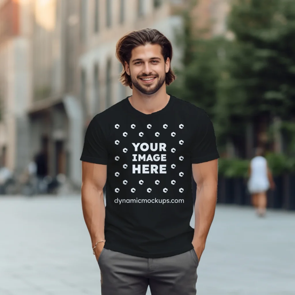 Man Wearing Black T-shirt Mockup Front View Template