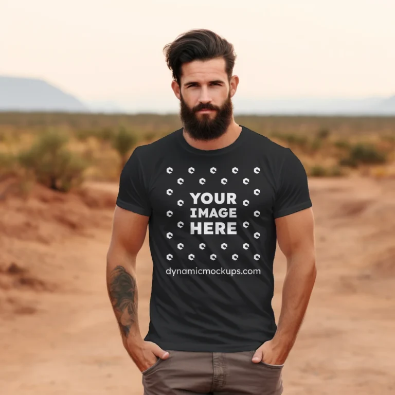 Man Wearing Black T-shirt Mockup Front View Template