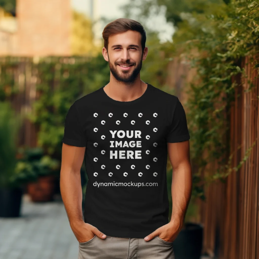 Man Wearing Black T-shirt Mockup Front View Template