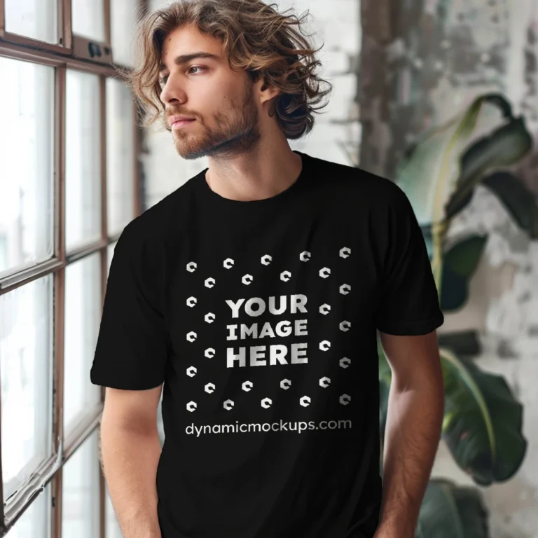 Man Wearing Black T-shirt Mockup Front View Template