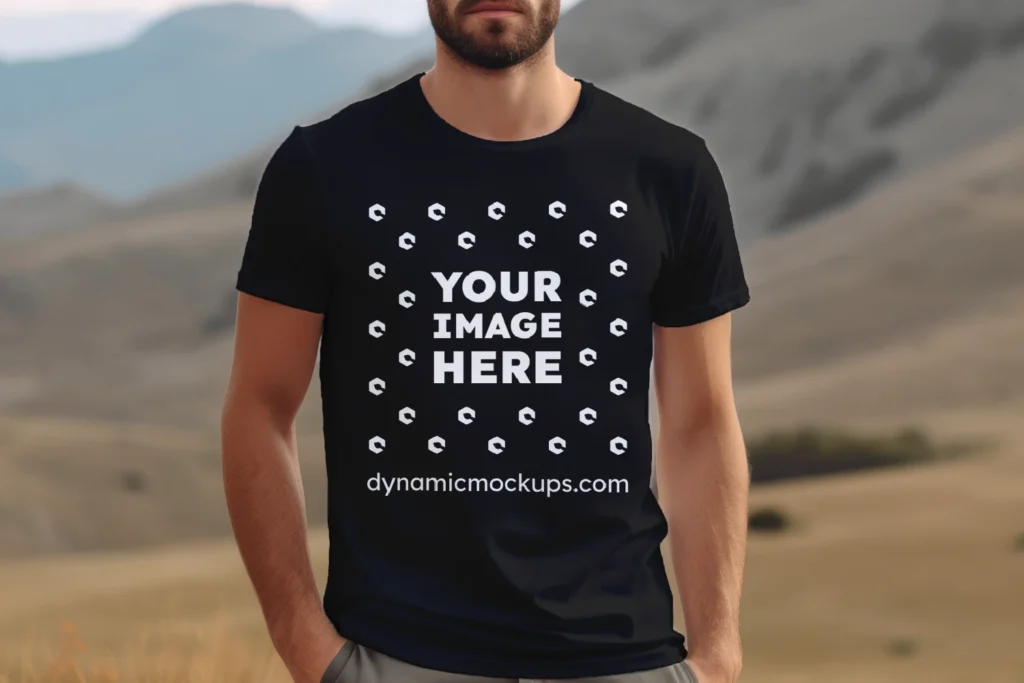 Man Wearing Black T-shirt Mockup Front View Template