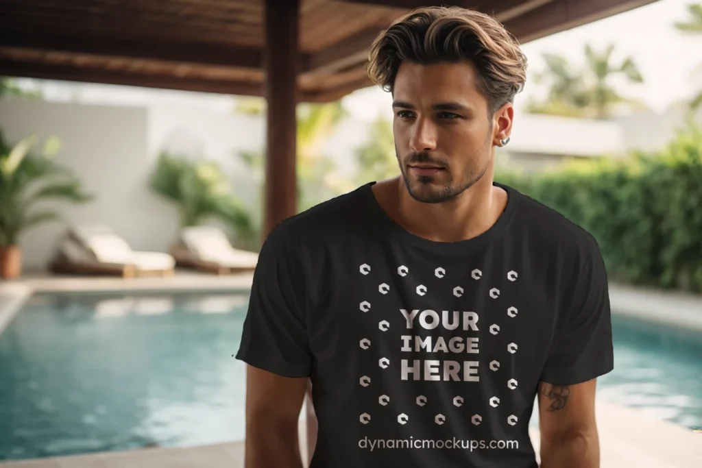 Man Wearing Black T-shirt Mockup Front View Template