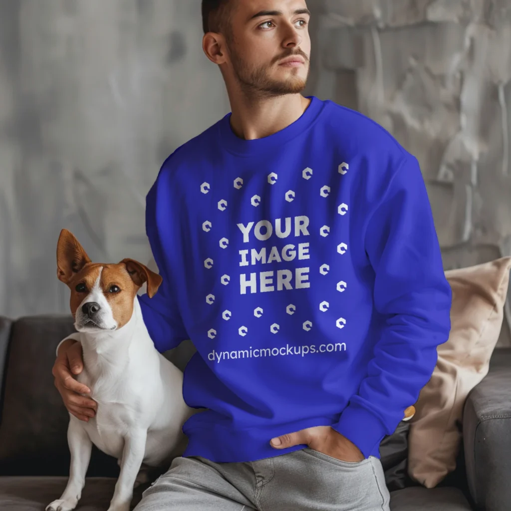 Man Wearing Blue Sweatshirt Mockup Front View Template