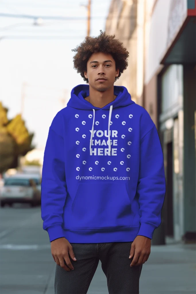 Man Wearing Blue Hoodie Mockup Front View Template